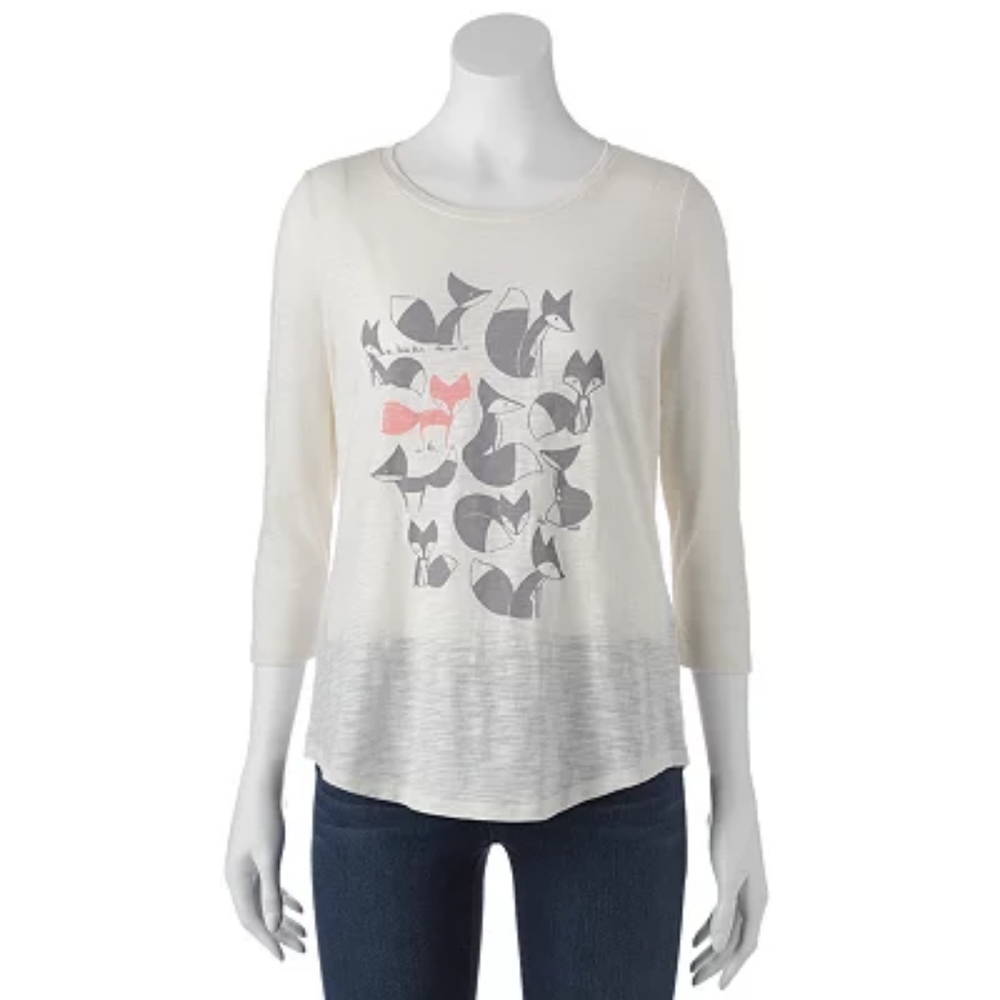 Petite Sonoma Goods For Life® Printed Slubbed Tee 3/4 Sleeve Pearl Fox Graphic